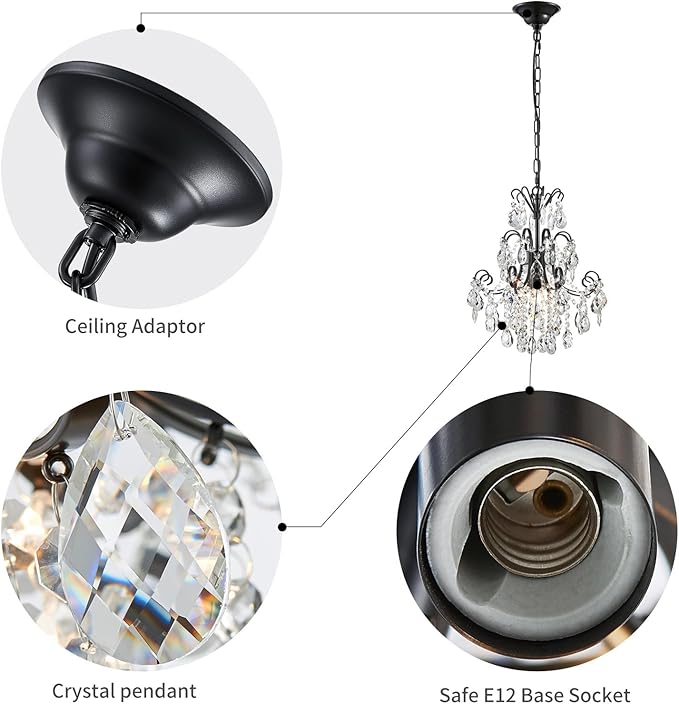 WUZUPS Crystal Chandelier 1-Light Pendant Ceiling Light Modern Lighting Fixture for Bedroom Hallway Bar Kitchen Bathroom, H 15.7" x W 13.8", E12 Base, Black