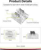 JACKYLED 8mm 2Pin FCOB COB LED Light Strip Connectors Kit, 16pcs Transparent Connectors & 5pcs 15cm Long 22AWG Extension Wires for Gapless Connection, FCOB 2 pin Single Color Strip Corner Connection