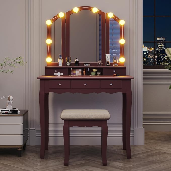 Tiptiper Vanity Desk, Makeup Vanity with Lighted Tri-Folding Mirror & Stool, Vanity Table Set with 10 LED Light Bulbs & 3 Color Lighting Modes, Makeup Table with 5 Storage Drawers, Brown