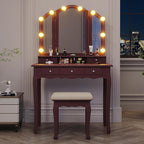 Tiptiper Vanity Desk, Makeup Vanity with Lighted Tri-Folding Mirror & Stool, Vanity Table Set with 10 LED Light Bulbs & 3 Color Lighting Modes, Makeup Table with 5 Storage Drawers, Brown