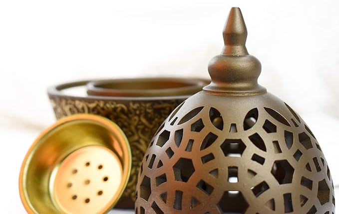 Intense Oud Calligraphy Style Closed Resin Incense Burner – 8 Inches, Coffee Metal Tray, Arabian Bakhoor Burner for Yoga, Aromatherapy, Home, Office & Bedroom Decor