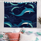 Batmerry Ocean Sea Waves Tapestry, Dolphin Nautical Wall Art Hanging Decoration Polyester Fiber White Ruffled Around for Dorm Room Bedroom Living Room, 39.1x59.1 inches