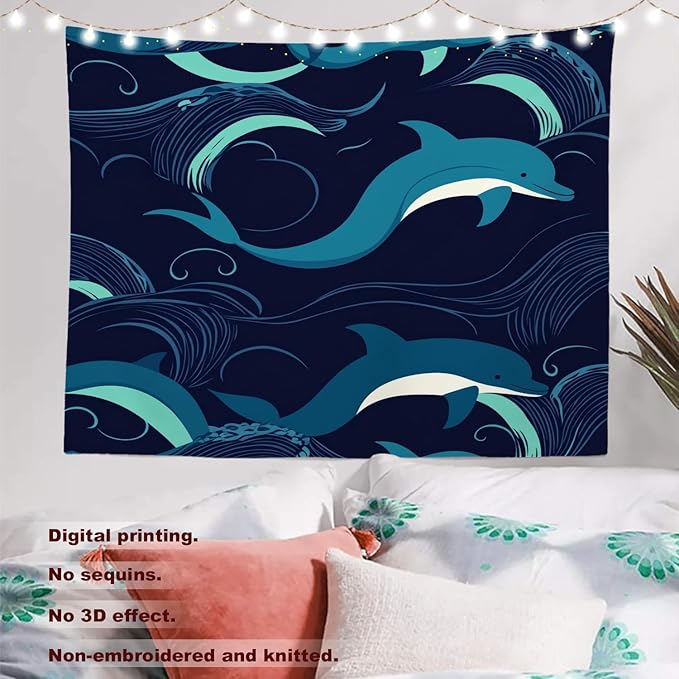 Batmerry Ocean Sea Waves Tapestry, Dolphin Nautical Wall Art Hanging Decoration Polyester Fiber White Ruffled Around for Dorm Room Bedroom Living Room, 39.1x59.1 inches