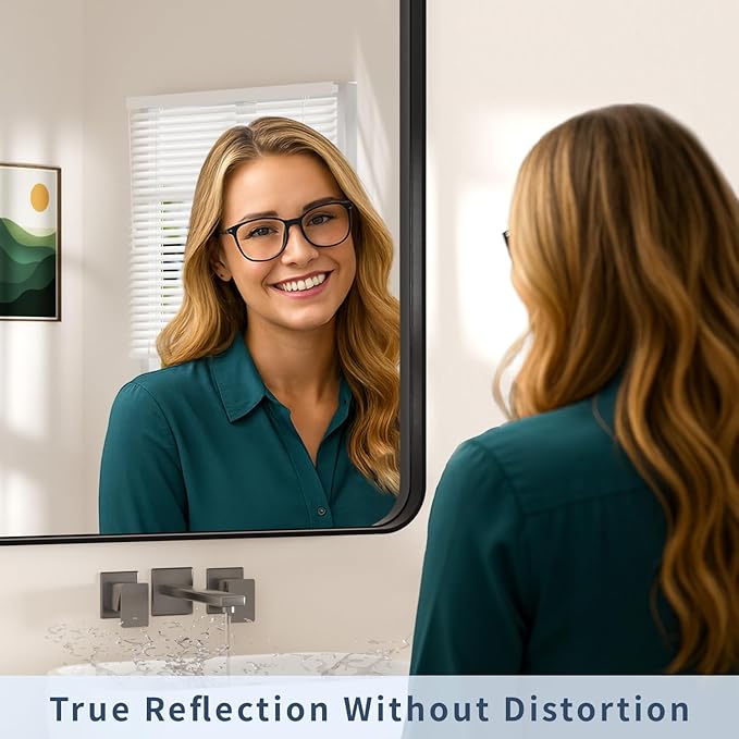 48×36 Rectangular Bathroom Mirrors for Over Sink - Aluminum Black Frame Mirror for Wall with Tempered Glass & Rounded Corners for Restroom, Entryway, Vanity, Horizontal/Vertical
