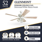 Prominence Home Glenmont, 52 Inch Farmhouse LED Ceiling Fan with Light, Pull Chain, Three Mounting Options, Dual Finish Blades, Reversible Motor - 50389-01 (Distressed White)