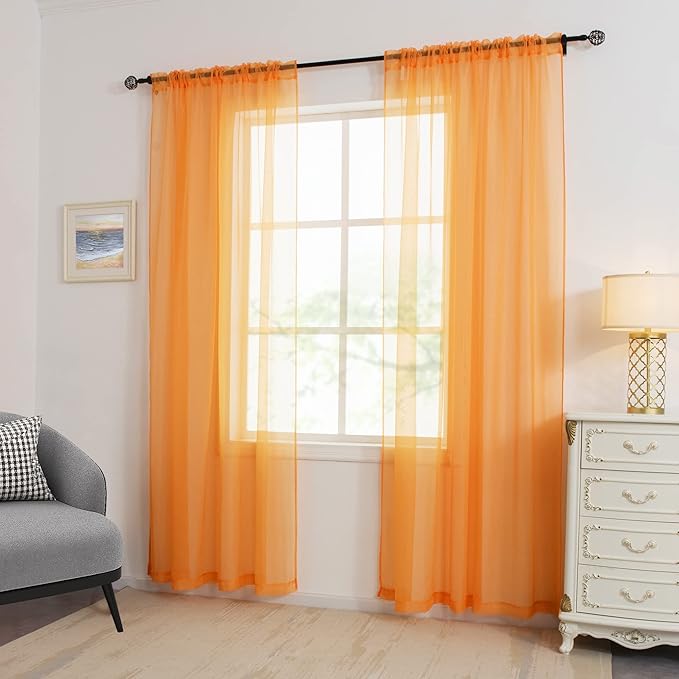 HUTO Orange 108 Sheer Curtains for Bedroom Rod Pocket Sheer Voile Window Curtains for Living Room Party Decor 52 by 108 Inches Long Set of 2 Panels