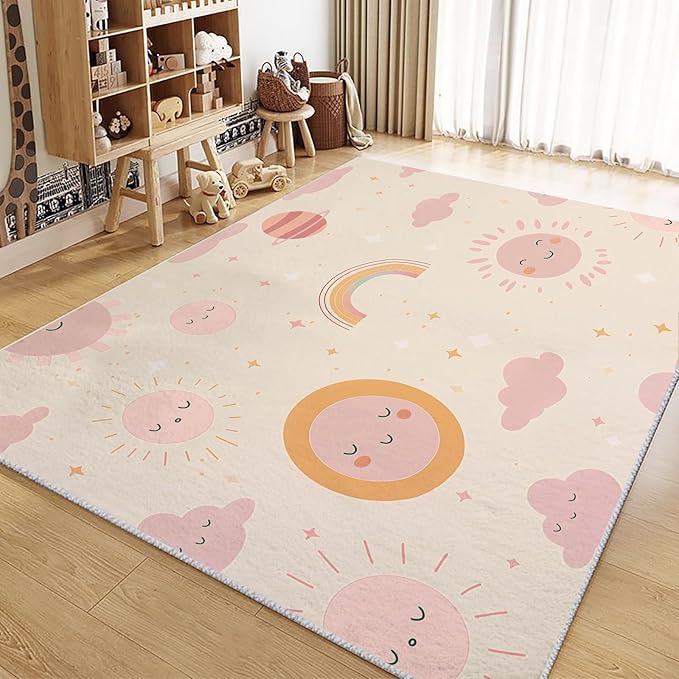 Living Room Area Rug 5x8 ft Cartoon Sun Rainbow Washable Non-Slip Area Rug, 3D Print Low-Pile Carpet for Bedroom, Kids Room, Nursery, Home Decor Rugs
