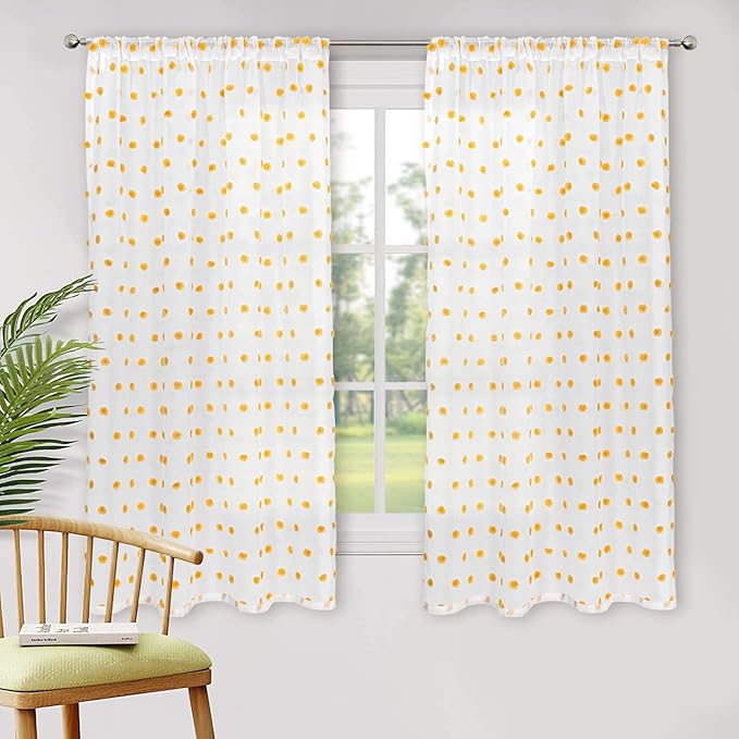 MYSKY HOME Burnt Orange Pom Pom Curtains for Bedroom, Small Windows, Light Filtering, White Sheer, Short Cafe, Bathroom Privacy, Rod Pocket, 52 x 45 inch, 2 Panels