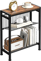 Narrow Side Table for Small Space, 3-Tier End Table with Magazine Holder,Slim Nightstand with Wire Shelf, Skinny Bedside Table in Living Room, Bedroom, Study, Kitchen and Balcony (Rustic Brown)