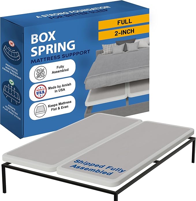 Greaton, Box Spring Bed Base Full Size, 2-Inch Wood Mattress Foundation - Amish Made in USA – Quiet Noise Free, 2-Pieces Under Mattress-Support BoxSpring, Fully Assembled, White