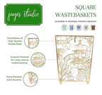 Jaye’s Studio Garden Party Decorative Gold Waste Basket for Bathroom Trash Can no Lid, Bedroom Garbage Can Square Office Trash Bin, Vanity Enamel White & Blue Bathroom Trash Can Gold Feet, 9 inch Wide