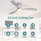 Sofucor Ceiling Fan with Lights 52 Inch Flush Mount Ceiling Fan with Remote Control, 3 Solid Wood Blades Modern Outdoor Ceiling Fans for Bedroom/Farmhouse/Patio/Indoor, Quiet DC Motor, Silver & Grey