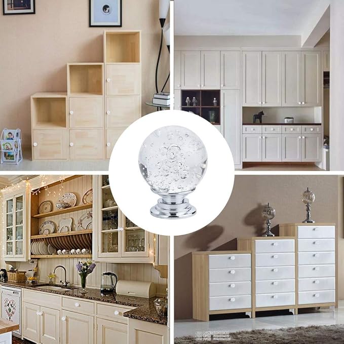 10 PCS Crystal Cabinet Knobs Round Glass Bubbles Knobs Smooth Drawer Pulls Handle for Home, Cabinet, Drawer and Dresser with 3 Different Size Screws, 30MM (Transparent)