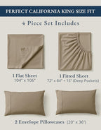 LANE LINEN 100% Organic Cotton California King Sheets Set, 4-Piece Organic Cotton Percale Weave Ultra Soft & Comfy Machine Washable Mercerized Bed Sheets, Fits Mattress Upto 15" Deep - Taupe