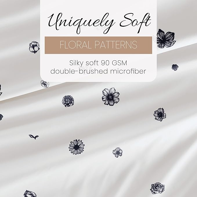 Linen Market 4 Piece King Sheet Set - Breathable, Double-Brushed Patterned Cooling Sheets – Oeko-TEX Certified Ultra Soft & Wrinkle-Free 16" Deep-Pocket King Sheets - Easy Care Indigo Flowers Navy