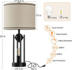 25'' Farmhouse Table Lamps for Living Room Set of 2 with USB C+A Ports, Vintage Bedside Lamp for Bedroom, Touch Lamps for Nightstand, Dual Lights Independent Switch, 4 Bulbs Included, Black