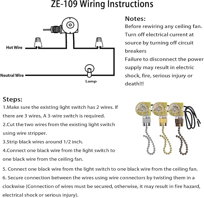 Ceiling Fan Switch Zing Ear ZE-109 Two-Wire Light Switch with Pull Cords for Ceiling Light Fans Lamps and Wall Lights Pull Chain Switch Control Replacement On-Off,2 Pcs (Nickel)