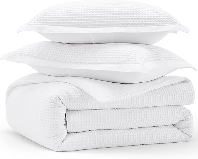 Bedsure Cotton Duvet Cover King - 100% Cotton Waffle Weave Bright White Duvet Cover King Size, GentleSoft™ and Breathable Bedding Set for All Season, 3 Pieces, 104"x90"