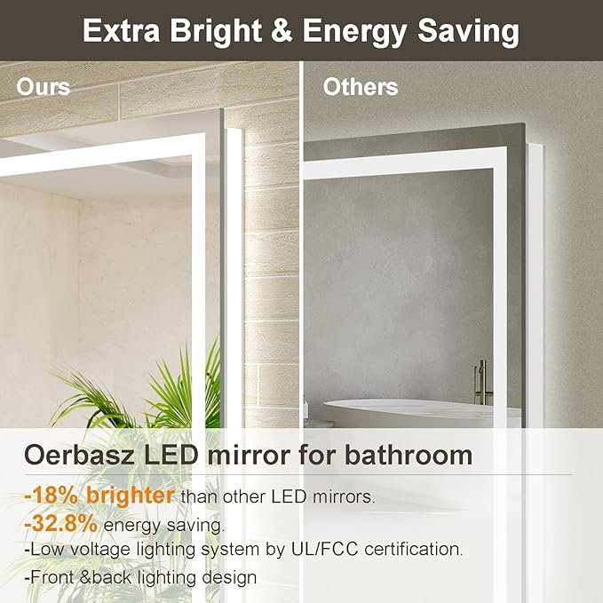 55x36 LED Bathroom Mirror with Lights, Brighter Backlit + Front Lit, Tempered Glass, Dimmable, Multiple Light Modes, Anti-Fog Lighted Bathroom Vanity Mirror for Wall, Memory Function