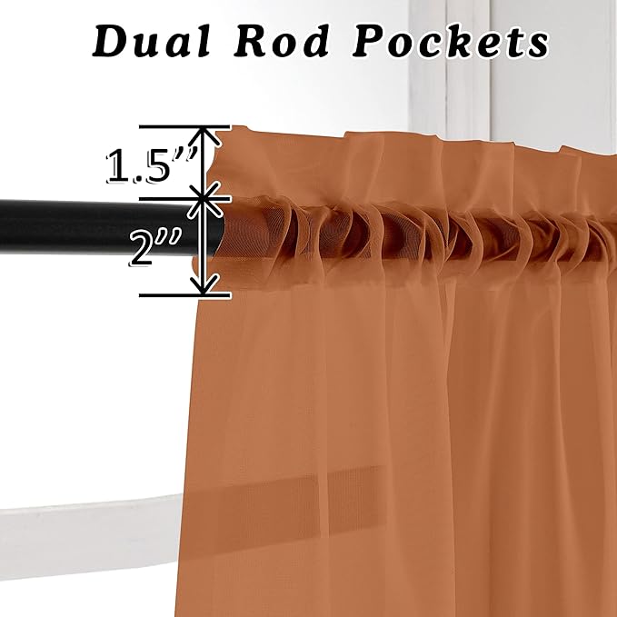 OVZME Orange Sheer Curtains 63 inch Length 2 Panels for Bedroom Living Room, Light Filtering Dual Rod Pocket Voile, Each 42 Width by 63 Length