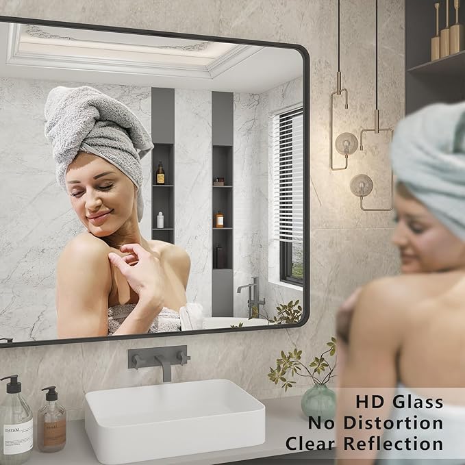 32x36 Inch Black Metal Framed Bathrrom Mirror for Wall, Black Rounded Rectangle Mirror, Matte Black Bathroom Vanity Mirror, Anti-Rust, Tempered Glass, Hangs Horizontally or Vertically