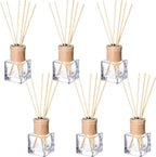 Roshtia 6 Set Reed Diffuser Bottle Empty Refillable Fragrance Glass Diffuser Bottles with Wooden Caps Rattan Sticks 50ml 1.7 oz Square Glass Jars for DIY Fragrance