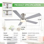 Ceiling Fans with Lights, 56" Flush Mount Ceiling Fan with Light and Remote/APP Control, Low Profile, Modern Ceiling Fan Reversible, Dimmable, Noiseless, Brushed Nickel for Bedroom