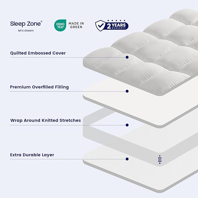 SLEEP ZONE Mattress Topper, Extra Thick Fitted Mattress Pad for Back Pain, Plush and Support Mattress Cover, Deep Pockets Mattress Protector, Hotel Quality (White, California King)
