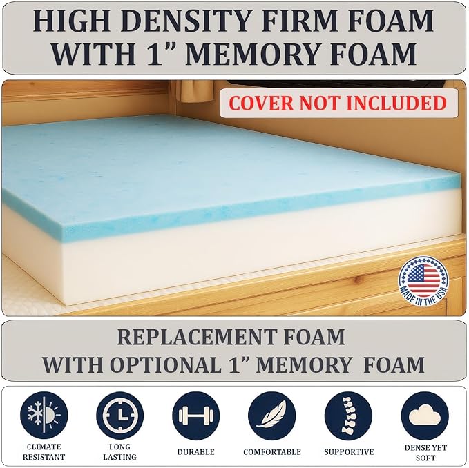 Foamma 6" x 36" x 72" Gel Memory Foam RV Bunk Mattress Replacement, Medium Firm, Pressure Relieving, Cooling Premium Comfort, USA Made, No Cover