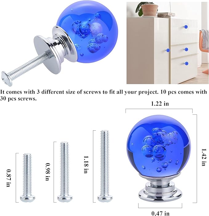 10 PCS Crystal Cabinet Knobs Round Glass Bubbles Dresser Knobs Smooth Drawer Knobs Handle for Home, Cabinet, Drawer and Dresser Hardware with 3 Different Size Screws, 30MM (Blue)