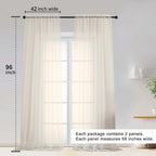 OWENIE Cream Sheer Curtain 96 Inch Long 2 Panels Set, Light Filtering Clear Rod Pocket Soft Sheer Curtain 95 for Bedroom/Living Room, 2Pcs, Each 42" W x 96" L, Cream