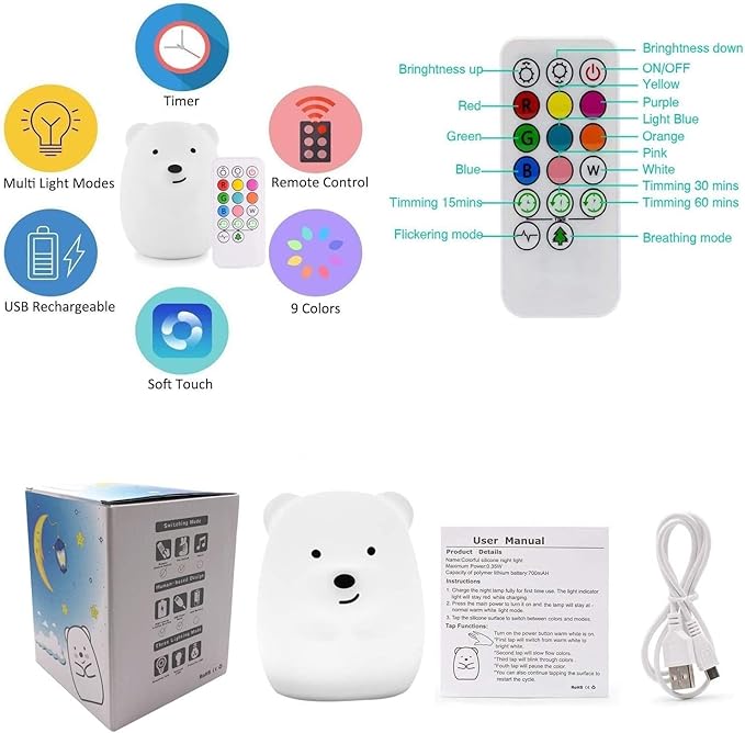 Night Light for Kids, Bedside Lamp for Children/Adults, Multicolor Light with Remote Control, Break Resistant, Eye Caring, Big Size, Adjustable Brightness & Color, Timing function - Large Bear