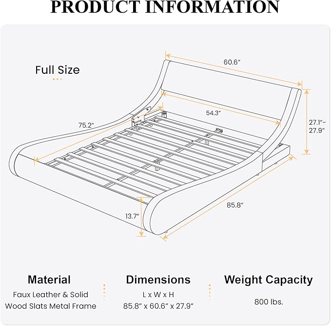 SHA CERLIN Modern Low Profile Platform Bed Frame Full Size, Stylish Faux Leather Upholstered Sleigh Bed with Adjustable Headboard, No Box Spring Needed, Glossy Black
