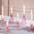 LAMORGIFT Pink Candle Holder Set of 6-4pcs 3.5"& 2pcs 6" Assorted Glass Pink Candlesticks Holder for Wedding Decor, Ribbed Taper Candle Holders Bulk for Bridal Shower, Home Table Centerpieces