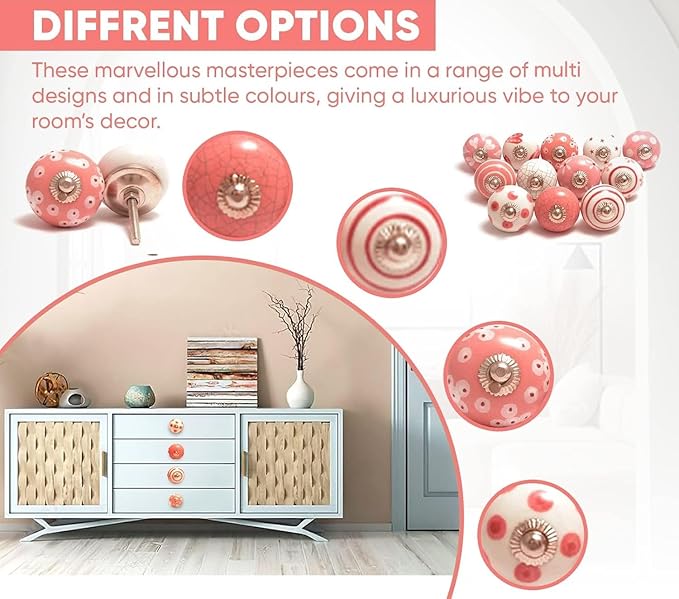 Cabinet Knobs for Dresser Drawers Assorted Multicolor Countryside Door Pull Handles for Kitchen Wardrobes Boho Home Interior Décor Pink Knobs - Pack of 20