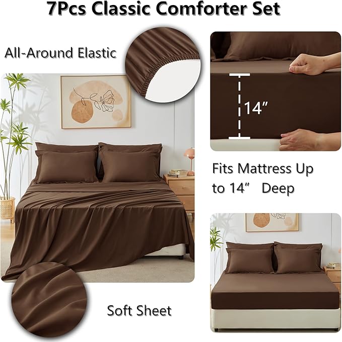 CozyLux King Size Comforter Set Brown - 7 Pieces Bed in a Bag King, Luxury Soft Bed Set for All Seasons, Bedding Set with Down Alternative Comforter, Sheets, Pillowcases & Shams