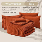 HYMOKEGE Burnt Orange King Size Comforter Set Seersucker 7 Pieces, All Season Luxury Bed in a Bag for Bedroom, Bedding Set with Comforters, Sheets, Pillowcases & Shams