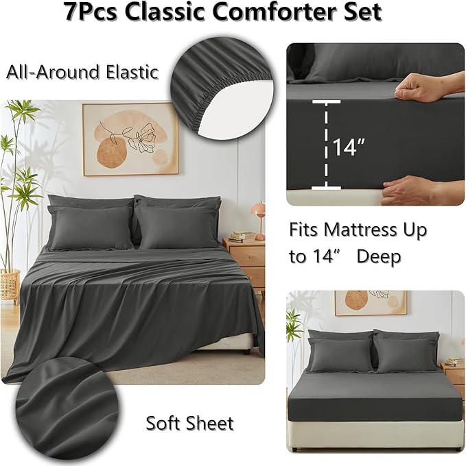 CozyLux California King Comforter Set Dark Grey - Cal King Bed in a Bag 7 Pieces, Luxury Soft Bed Set for All Seasons, Bedding Set with Down Alternative Comforter, Sheets, Pillowcases & Shams