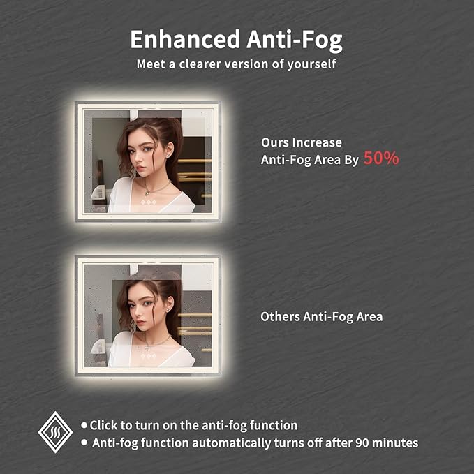 Vanity Mirror with Lights, 48x40 Inch Gradient Front and Backlit Smart Mirror, 3 Colors Dimmable CRI>90 Double Lights, IP54 Enhanced Anti-Fog, Hanging Plates Wall Mount LED Mirror