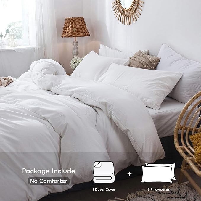 MooMee Bedding Duvet Cover Set 100% Washed Cotton Linen Like Textured Breathable Durable Soft Comfy (Solid Off White, Alaska King 132"x120")