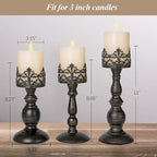 Distressed Black Candle Holders for Pillar Candles Set of 3, Vintage Crown Candle Stands for Table Centerpiece Decor, Tall Antique Metal Candle Holder Set for Fireplace Decoration, Ideal Gift
