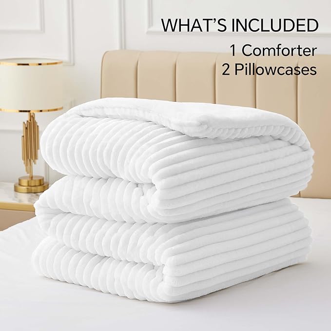 BEDELITE Fleece Full Comforter Set -Super Soft & Warm Fluffy Bright White Bedding, Luxury Fuzzy Heavy Bed Set for Winter with 2 Pillow Cases
