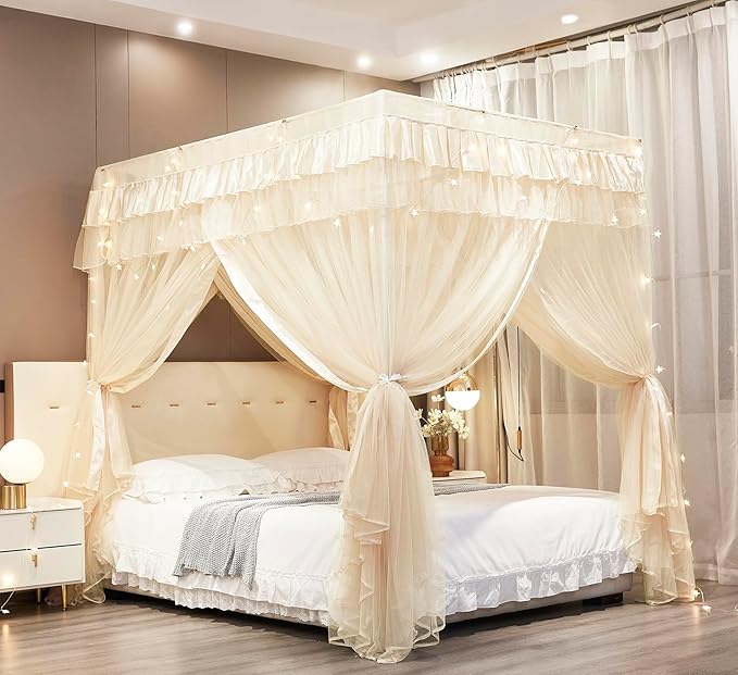 Mengersi Canopy Bed Curtains Full Sizes,Bed Canopy for Girls Royal Luxurious Cozy Bed Drapes Girls Room Decor(Ivory,Full)