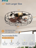 LEDIARY 23 Inch Large Caged Ceiling Fan with Light, Flush Mount Low Profile with Remote Control, Farmhouse Industrial Bladeless Fan Light for Bedroom, Kitchen, Indoor