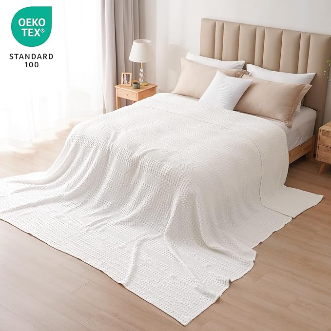 PHF 100% Cotton Waffle Blanket Oversized King 120"x120", Lightweight Breathable Extra Large 10'x10' Blankets for Bed, Giant Big Luxury Aesthetic Woven Bedding for Home Decor, White