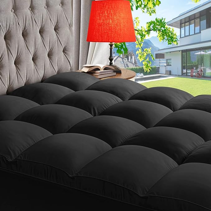 ABENE Mattress Topper Queen for Back Pain Relief, Extra Thick Mattress Pad Pillowtop, Soft Mattress Protector Cover with 8"-21" Deep Pocket, Overfilled Down Alternative Filling (Black, Queen)