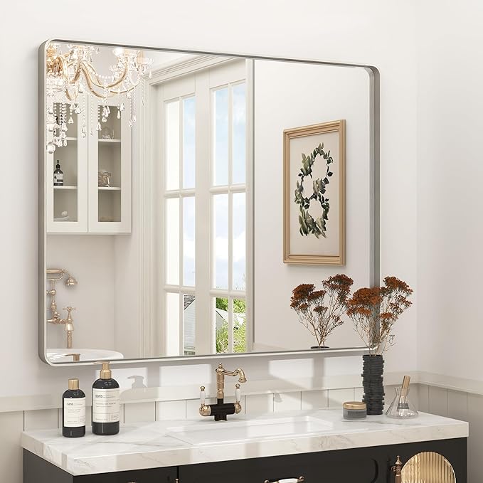 44x36 Silver Brushed Nickel Bathroom Mirror for Wall, Rounded Rectangle Silver Framed Bathroom Vanity Mirror, Anti-Rust, Shatterproof, Hangs Horizontally or Vertically