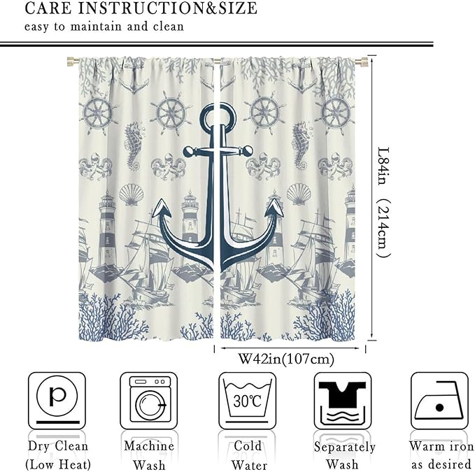 Nautical Anchor Curtains, Vintage Sailboat Ocean Coastal Lighthouse Window Drapes, Navy Blue Coral Shell Seahorse Beach Print Blackout Window Treatments for Living Room Bedroom 84x84in