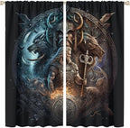 Cool Norse Viking Theme Curtains,Fantasy Ancient Symbols Wildlife Wolf Nordic Vikings Window Drapes Thermal Insulated Rod Pocket Blackout Drapes for Bedroom 2 Panels 63L x 31.5W