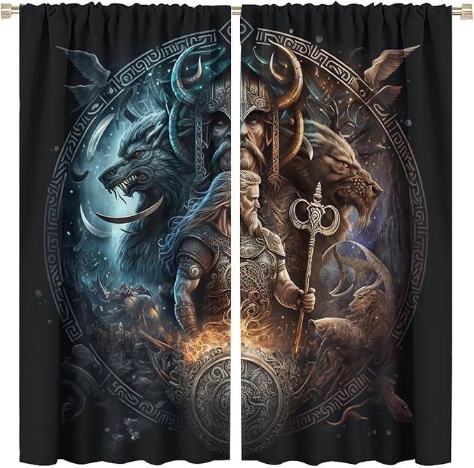 Cool Norse Viking Theme Curtains,Fantasy Ancient Symbols Wildlife Wolf Nordic Vikings Window Drapes Thermal Insulated Rod Pocket Blackout Drapes for Bedroom 2 Panels 63L x 31.5W